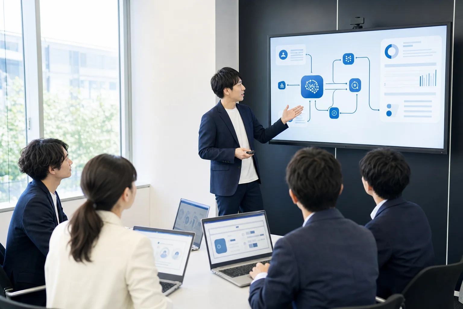 明るい会議室で講師がモニターを使いAI研修を行っている様子