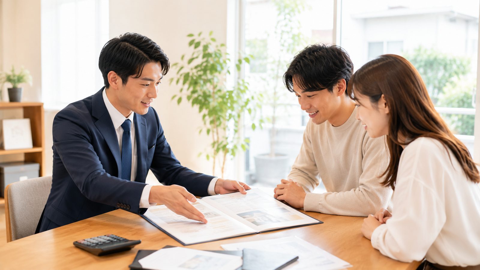 不動産会社の担当者が買主夫婦に資料を説明している様子