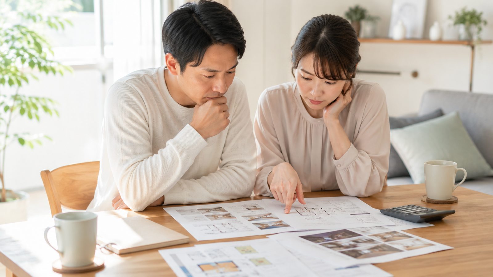 不動産資料を前に慎重に検討する夫婦