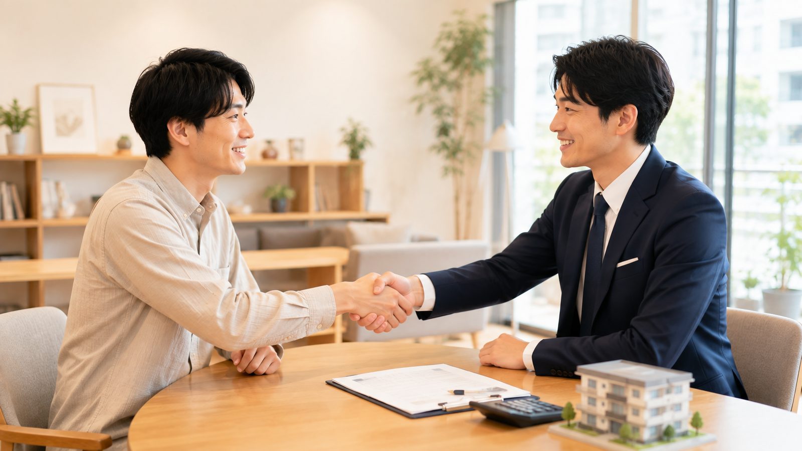 買主と不動産担当者が交渉の合意で握手する様子