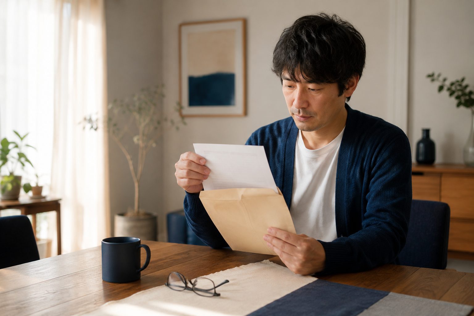 届いた納税通知書の封筒から書類を取り出して内容を確かめている場面