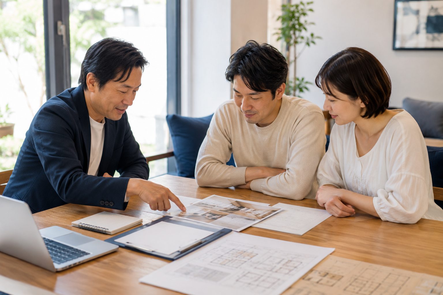 不動産会社の担当者が夫婦に資料を示しながら費用について説明している場面