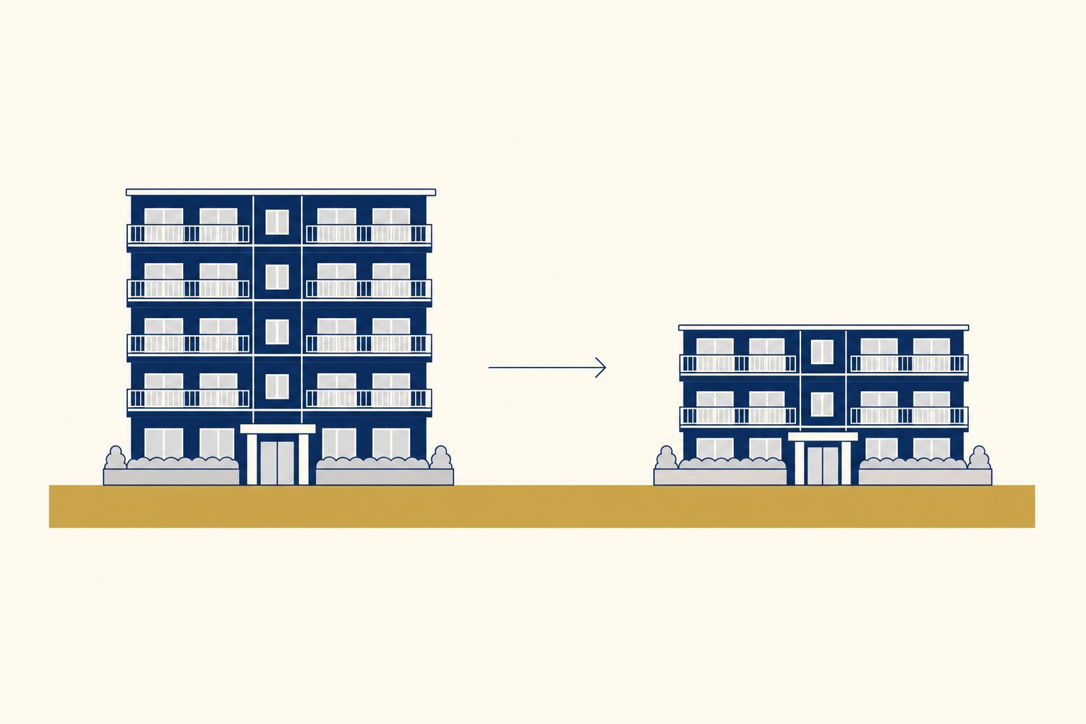 年数が経つと建物の評価だけが小さくなり、土地は変わらないことを示した比較図