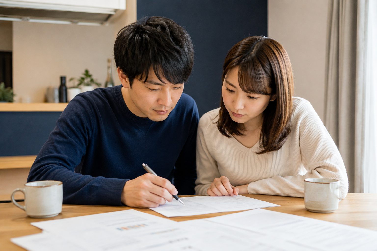 ダイニングテーブルで購入申込書に記入する夫婦の手元