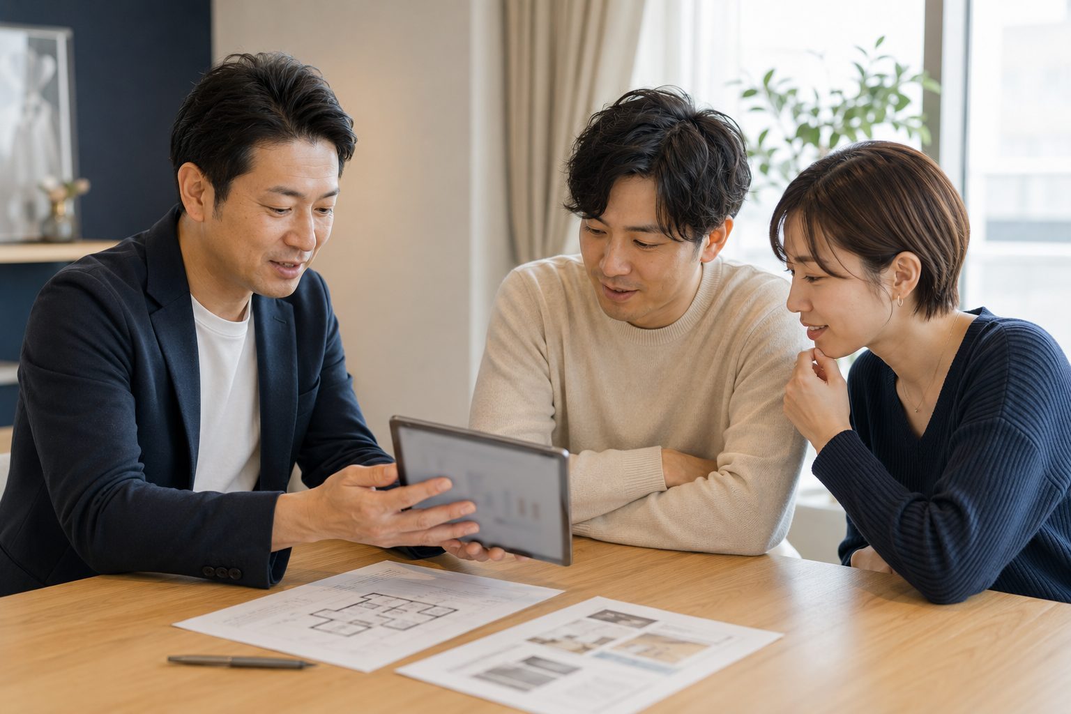 不動産会社の担当者が成約相場のデータを夫婦に見せながら説明している様子