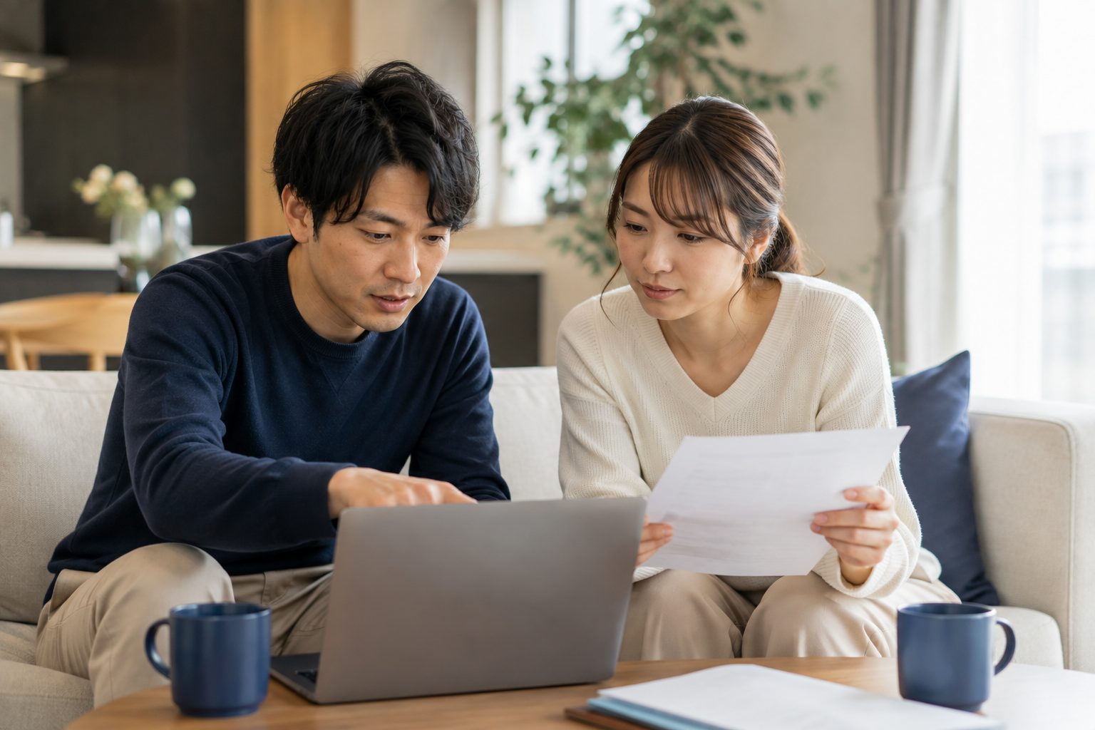 リビングで資料とパソコンを見ながら購入を検討する夫婦