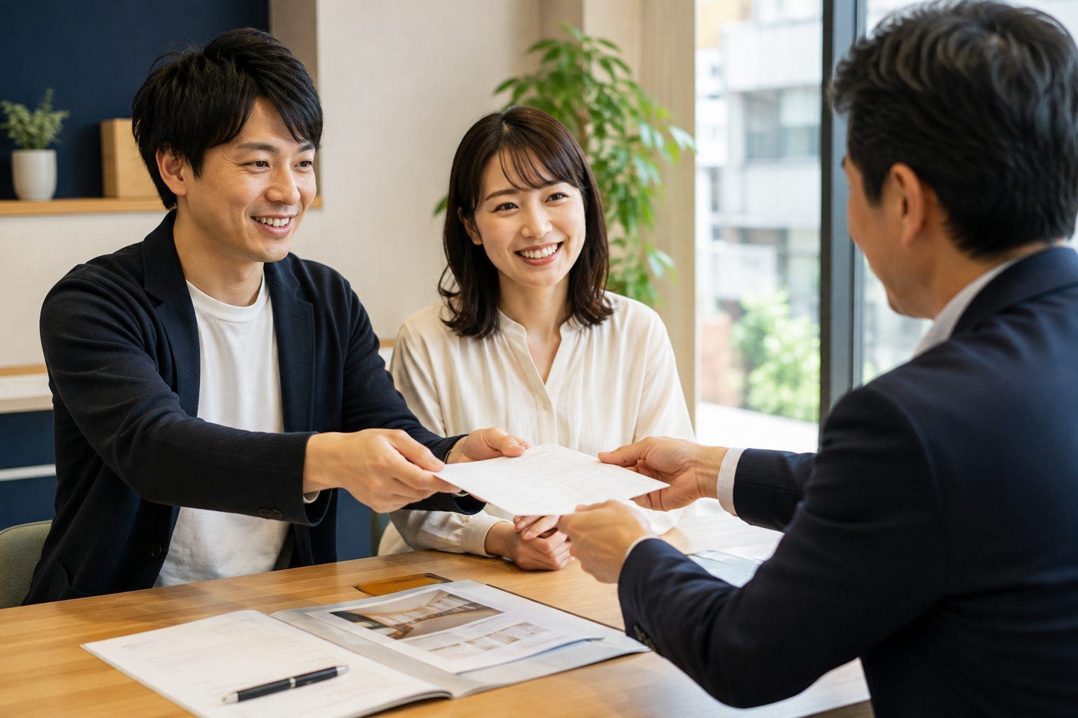 不動産会社で記入した購入申込書を担当者に手渡している場面