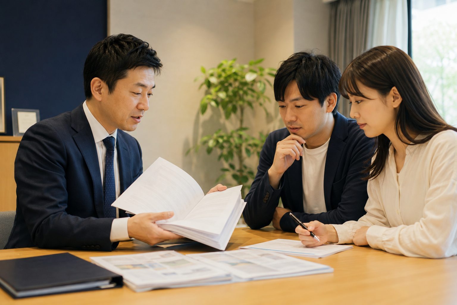 宅地建物取引士が重要事項説明書を開いて夫婦に説明している場面