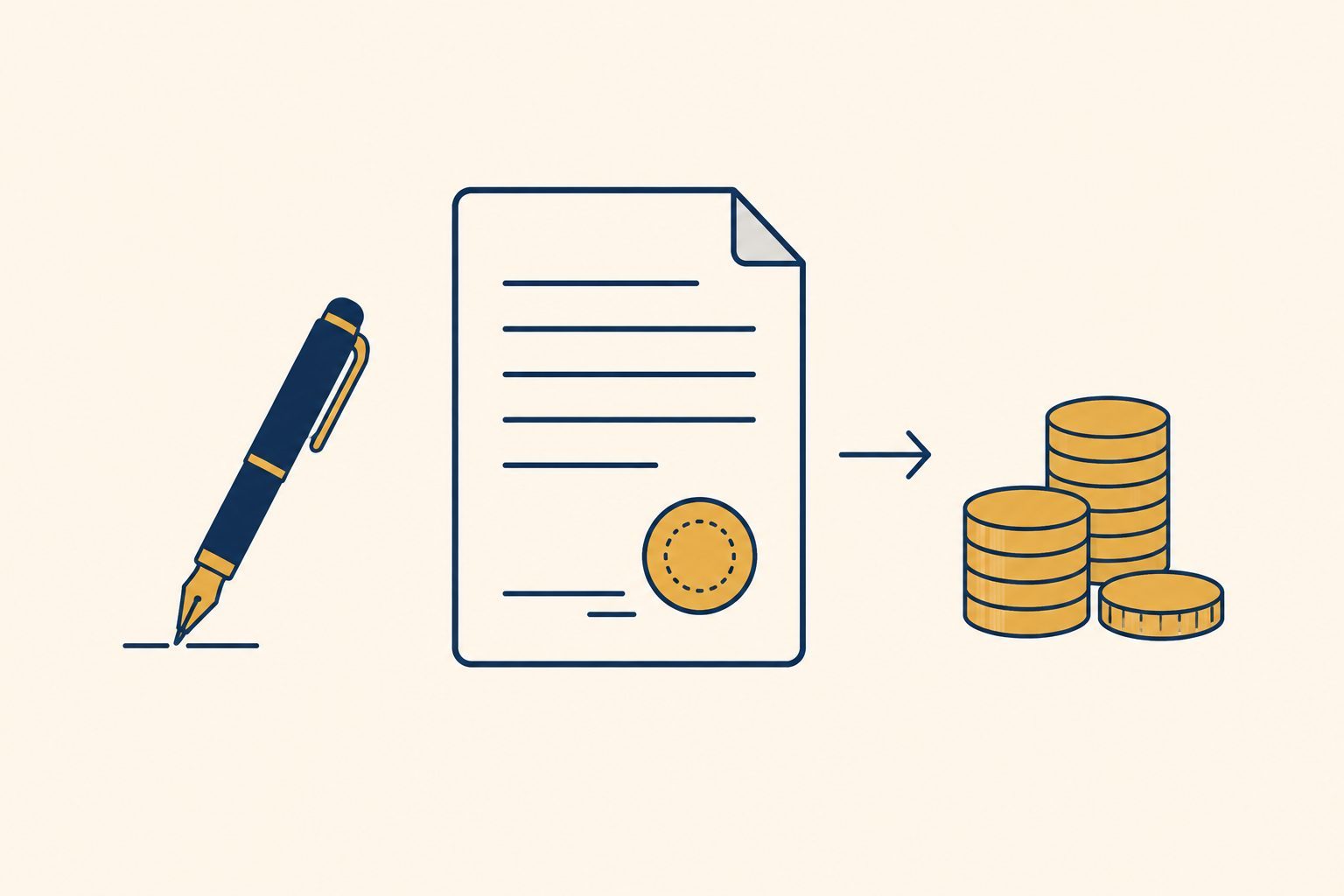 売買契約と同時に手付金が動くことを表した契約書とコインの図