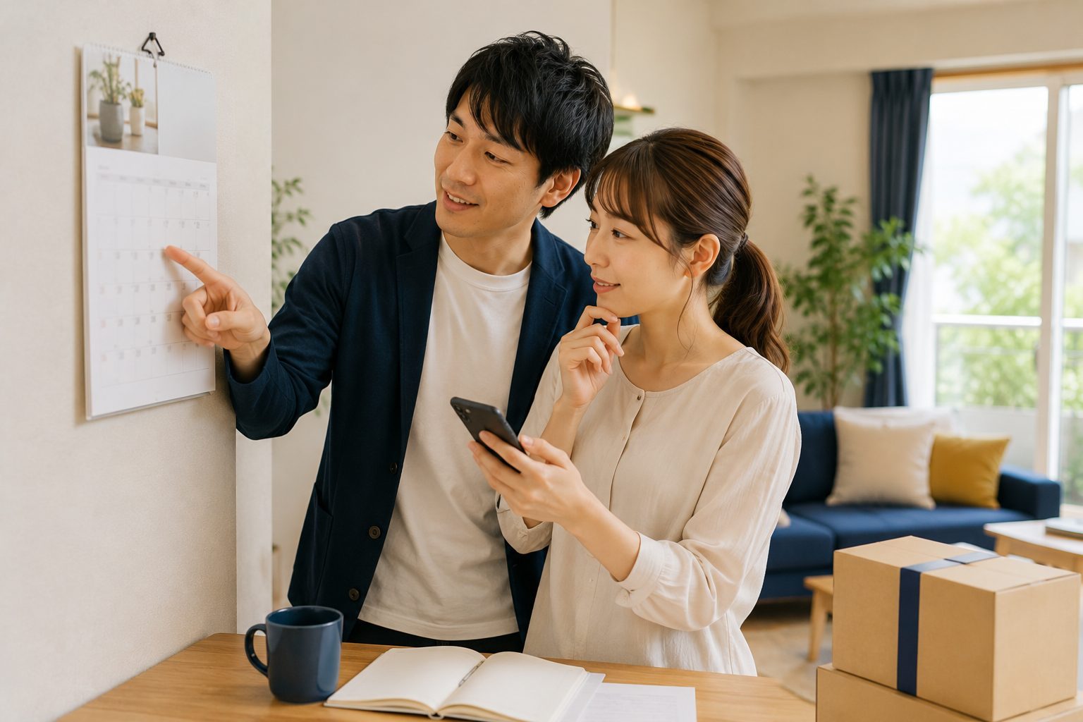 夫婦がカレンダーを見ながら引っ越しの日程を相談している場面