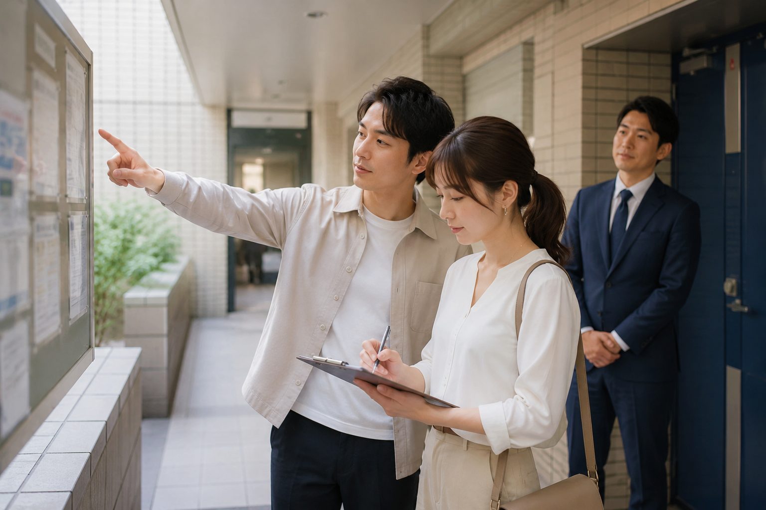 内覧でマンションの共用部を確認する夫婦