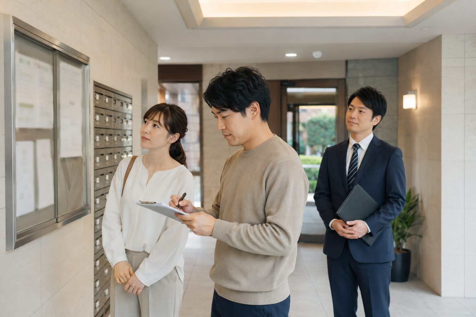 内覧でマンションの共用部を確認する夫婦