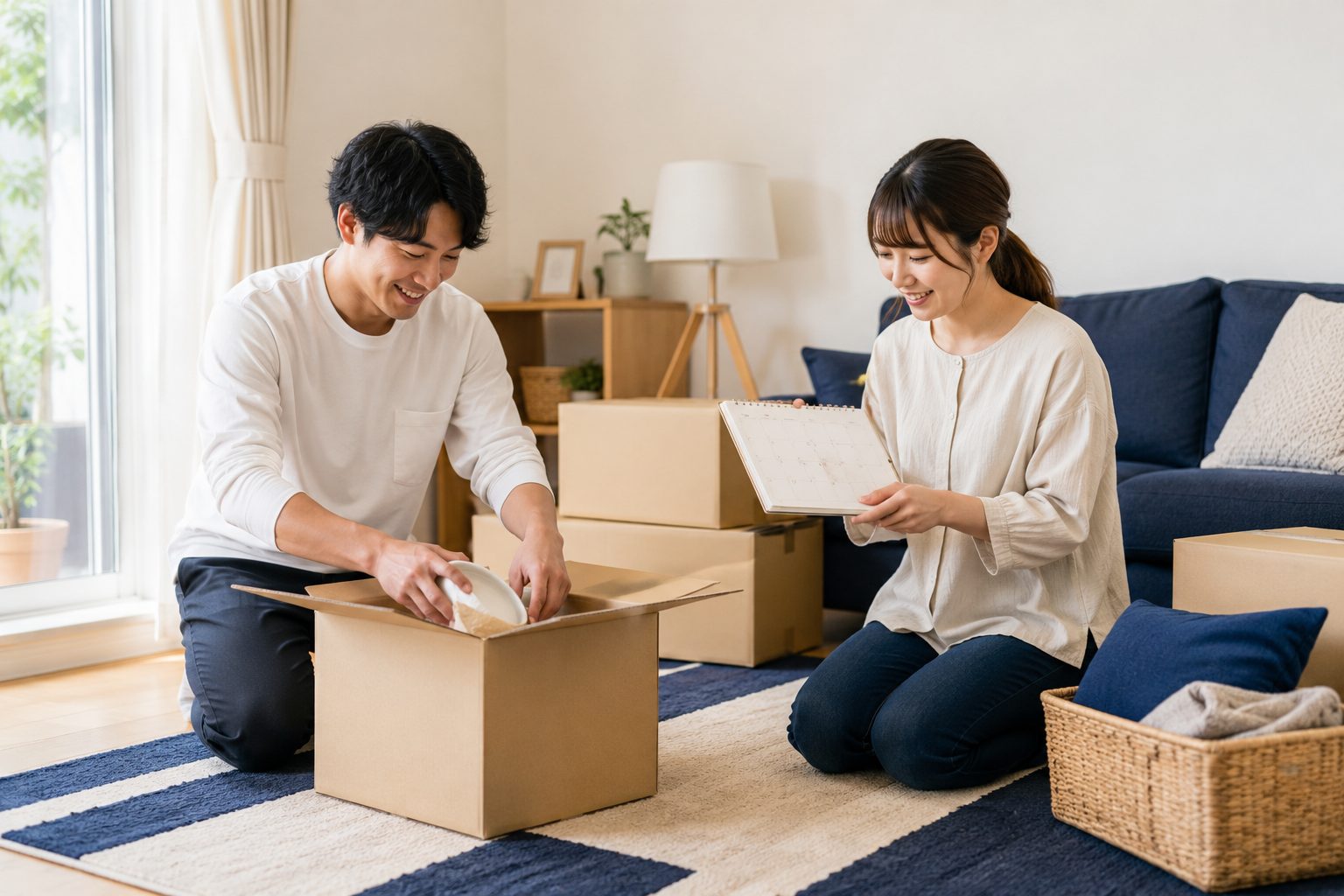 引っ越しの荷造りを進める夫婦