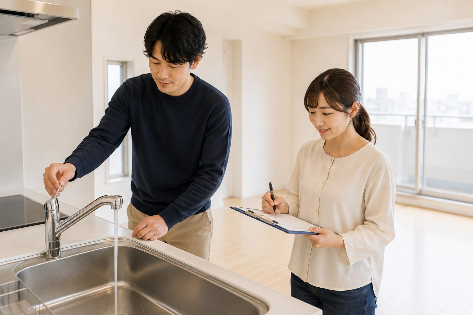 家具を入れる前の空室で水回りや建具を点検する夫婦
