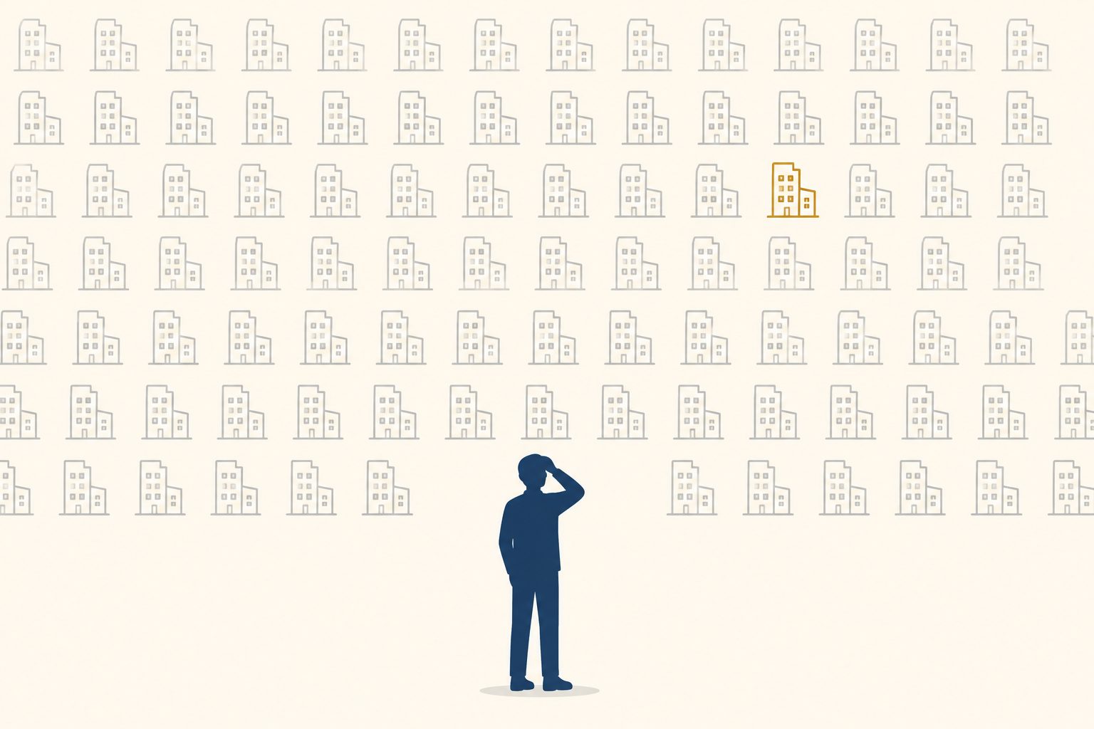 条件という物差しを持たずに似たような物件ばかりを眺めて途方に暮れる様子を示した図
