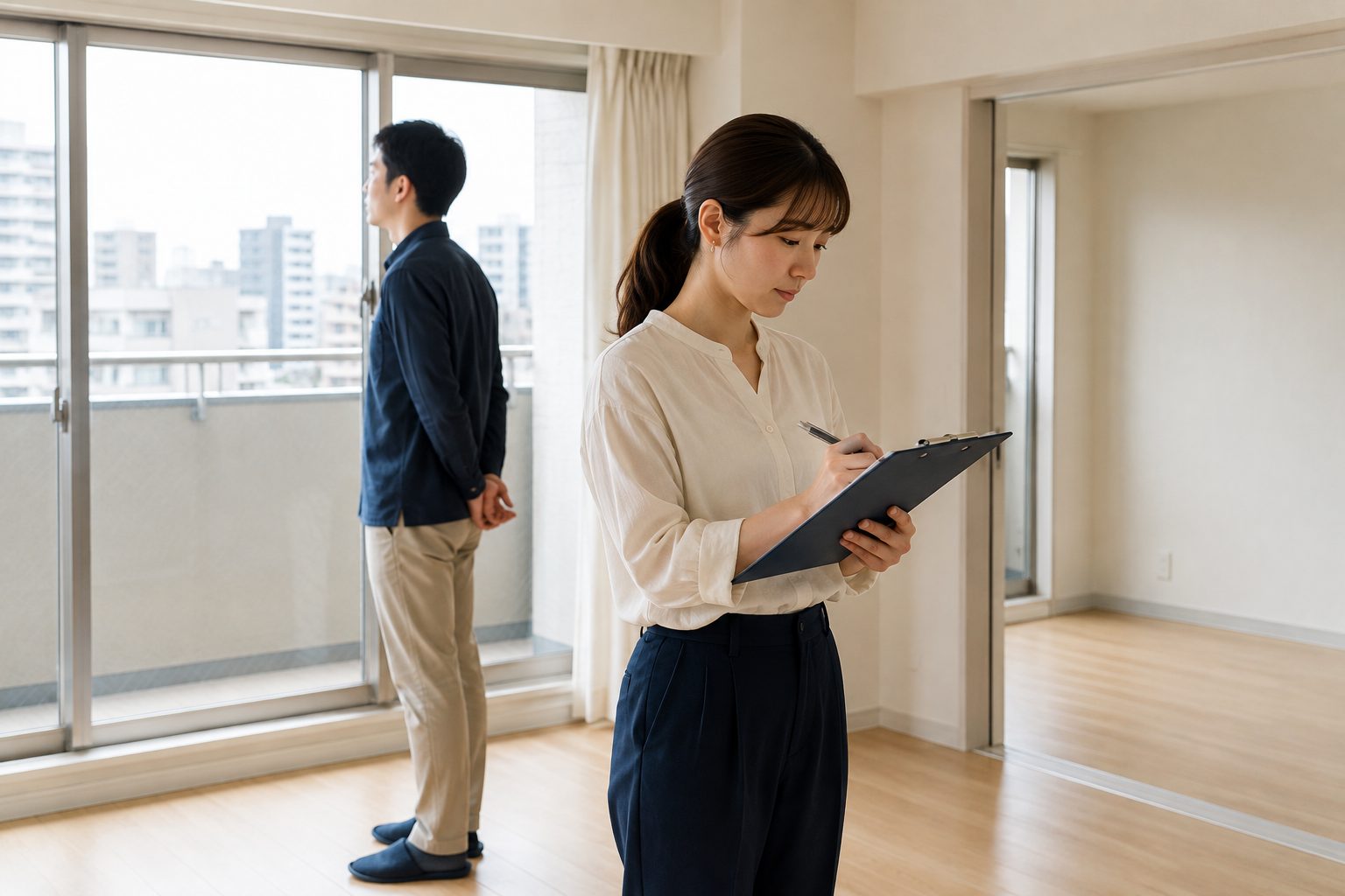 マンションの室内を内覧しながらメモを取る夫婦