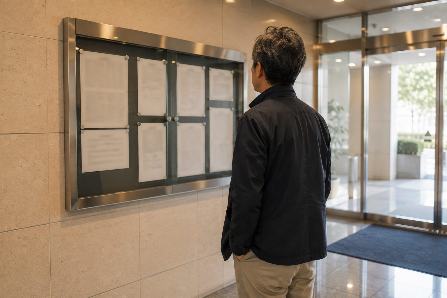 マンションのエントランス脇の掲示板に貼られた紙を見上げている人物の後ろ姿の写真