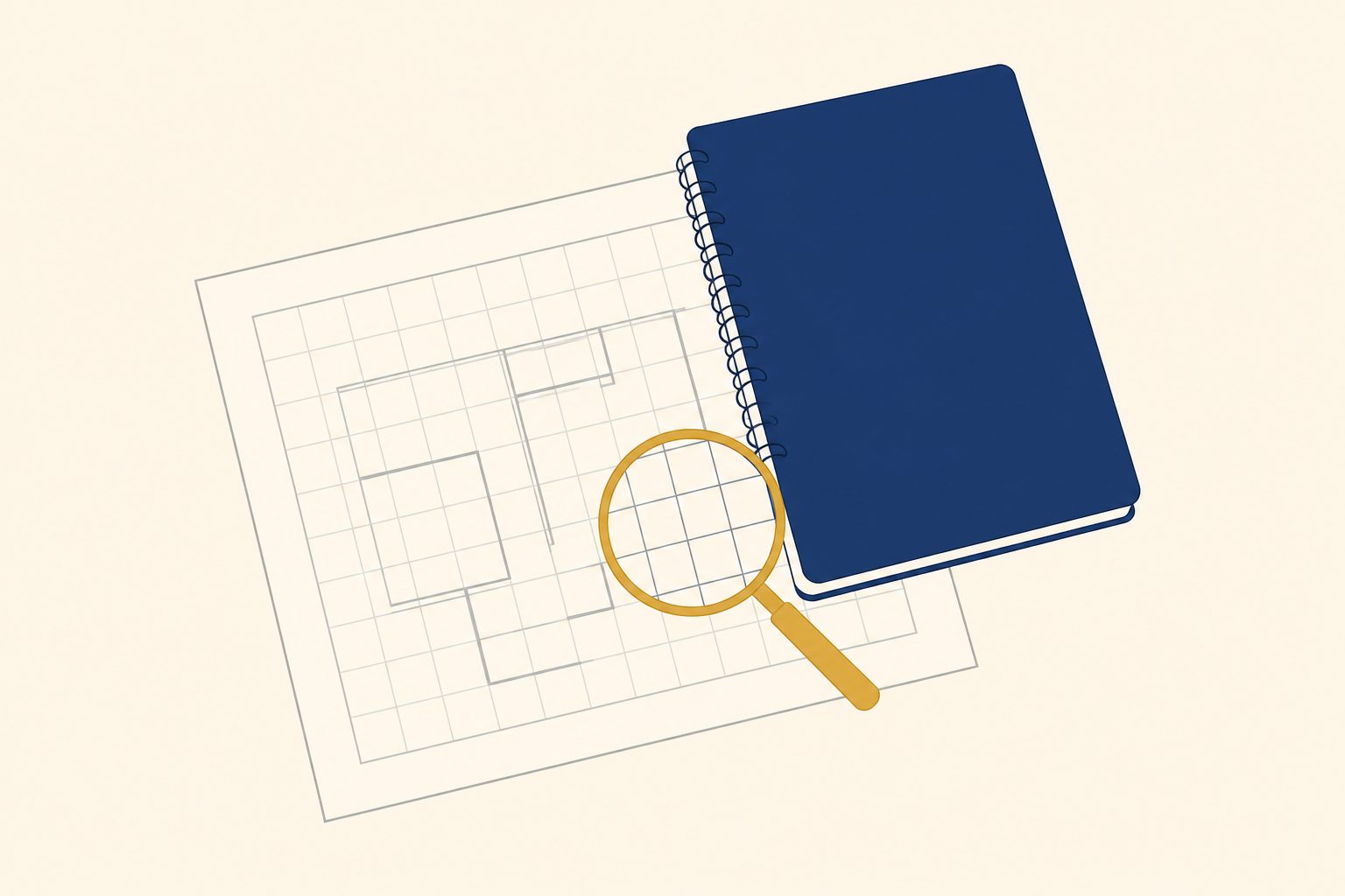 机の上に重ねて置かれた大判の紙と冊子に、ルーペをかざした図