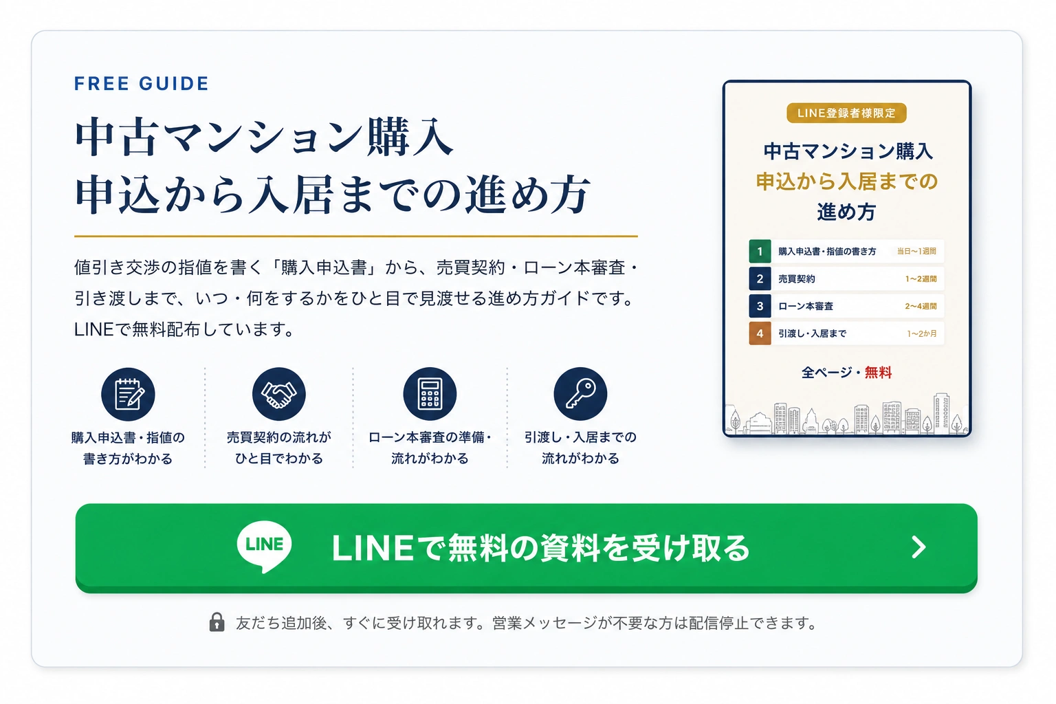 中古マンション購入 申込から入居までの進め方ガイドを無料でお届け。LINEで無料の資料を受け取る