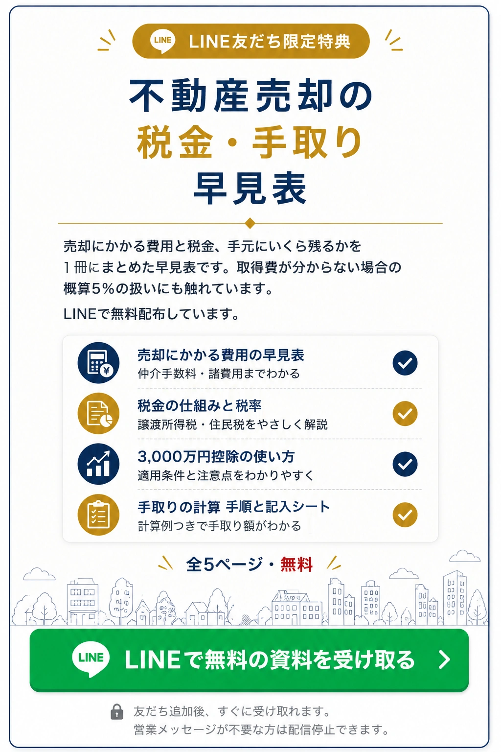不動産売却の税金・手取り早見表を無料でお届け中。LINEで受け取る