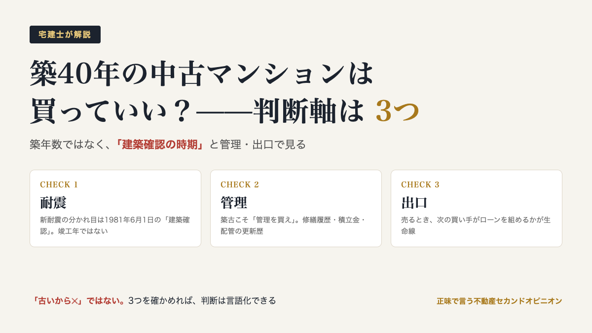 築40年の中古マンションは買っていい？——判断軸は耐震・管理・出口の3つ