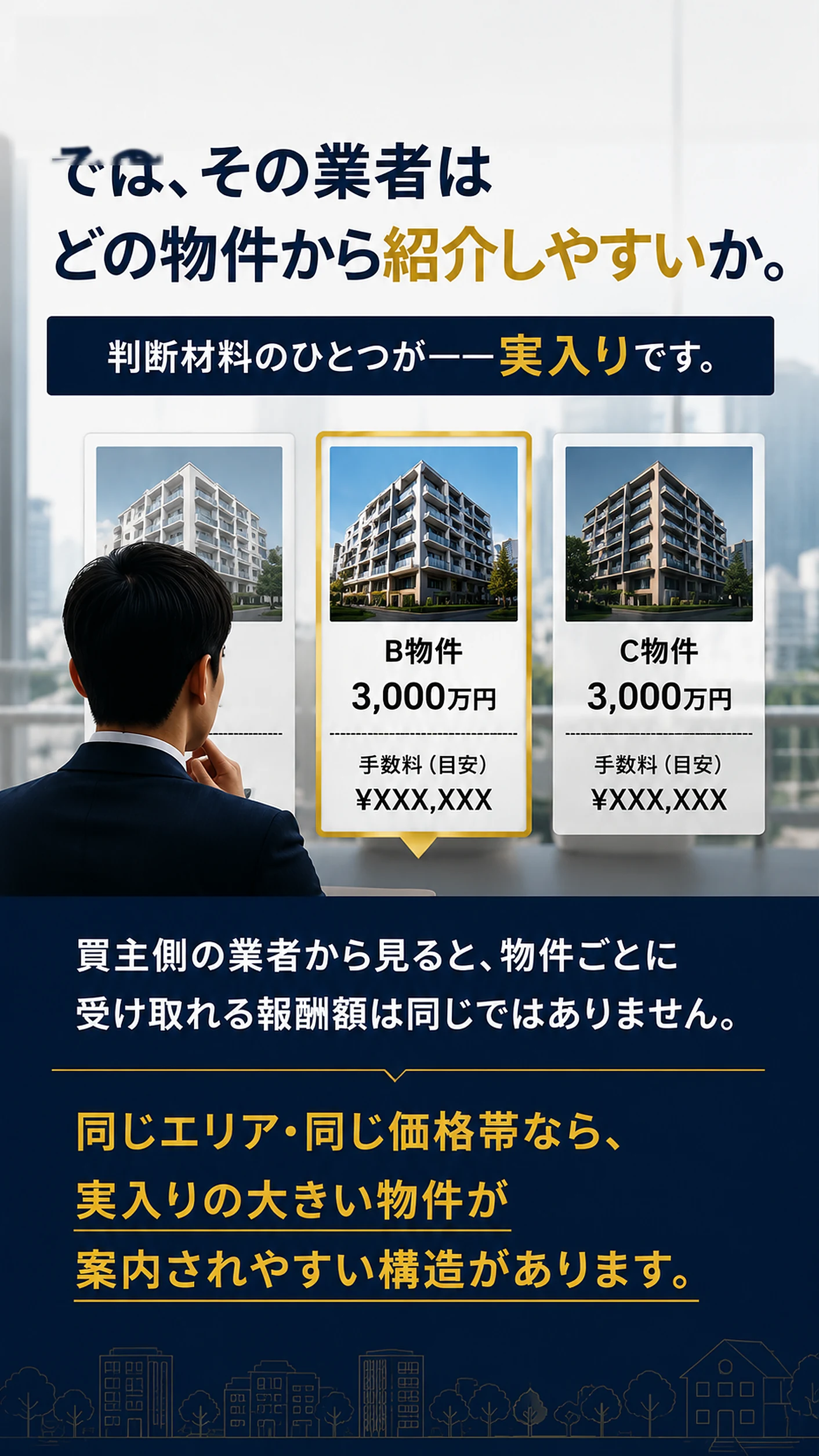 では業者はどの物件から紹介しやすいか。判断材料のひとつが実入り＝仲介手数料。同じエリア・同じ価格帯なら実入りの大きい物件が案内されやすい構造があります