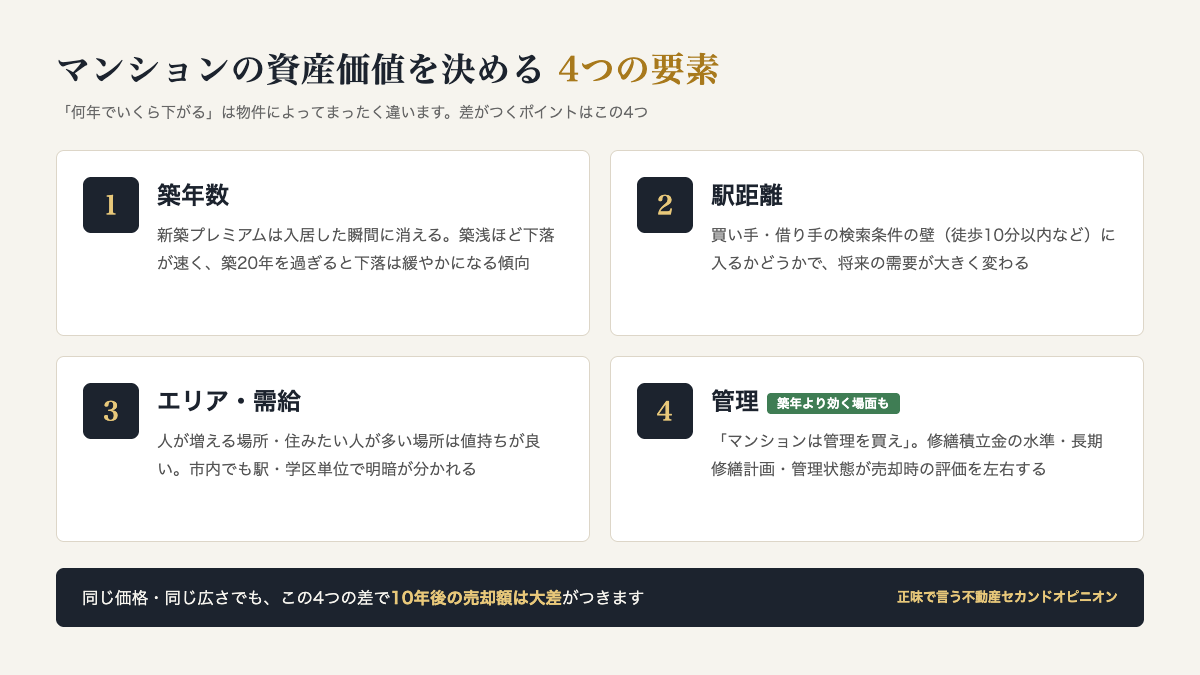 マンションの資産価値を決める4つの要素：築年数・駅距離・エリア需給・管理。同じ価格でも10年後の売却額は大差がつく