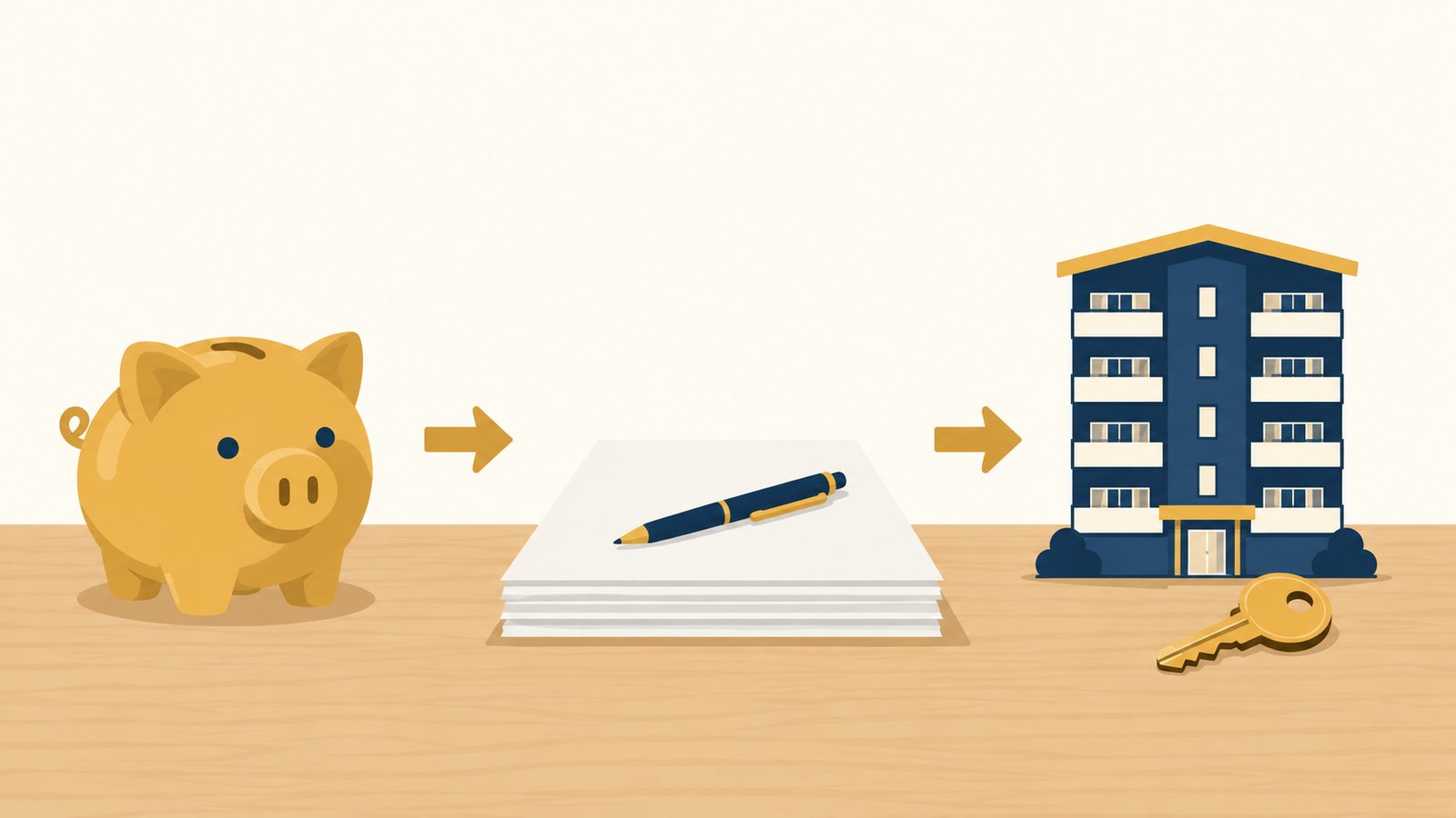 貯金箱と書類とマンションの模型が並ぶイラスト