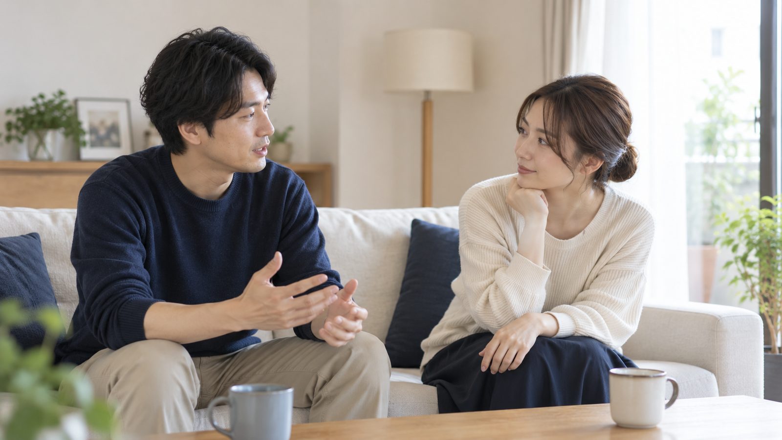 ソファで向かい合って話す夫婦