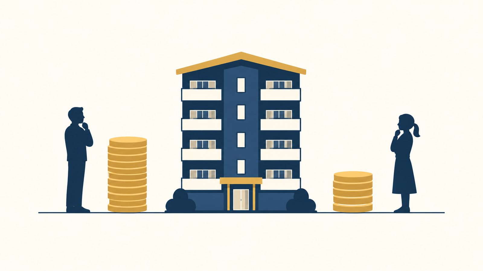 マンションの模型を挟んで立つ人物と硬貨の山のイラスト