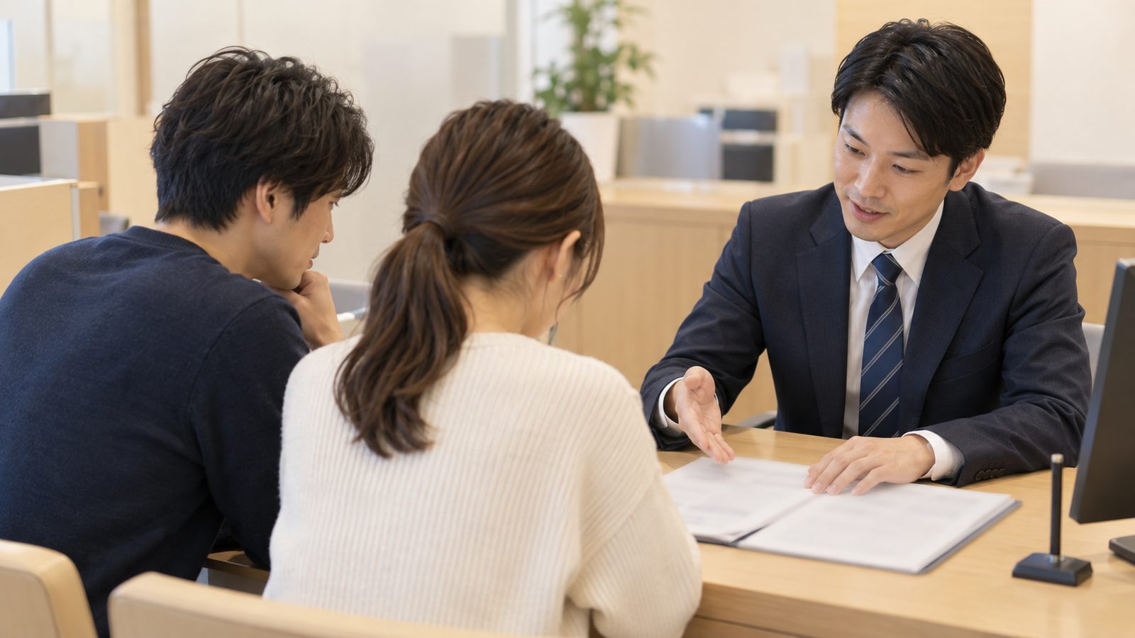 相談カウンターで説明を受ける夫婦