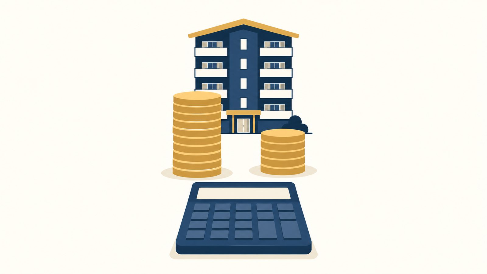 マンションの模型と硬貨の山と電卓のイラスト