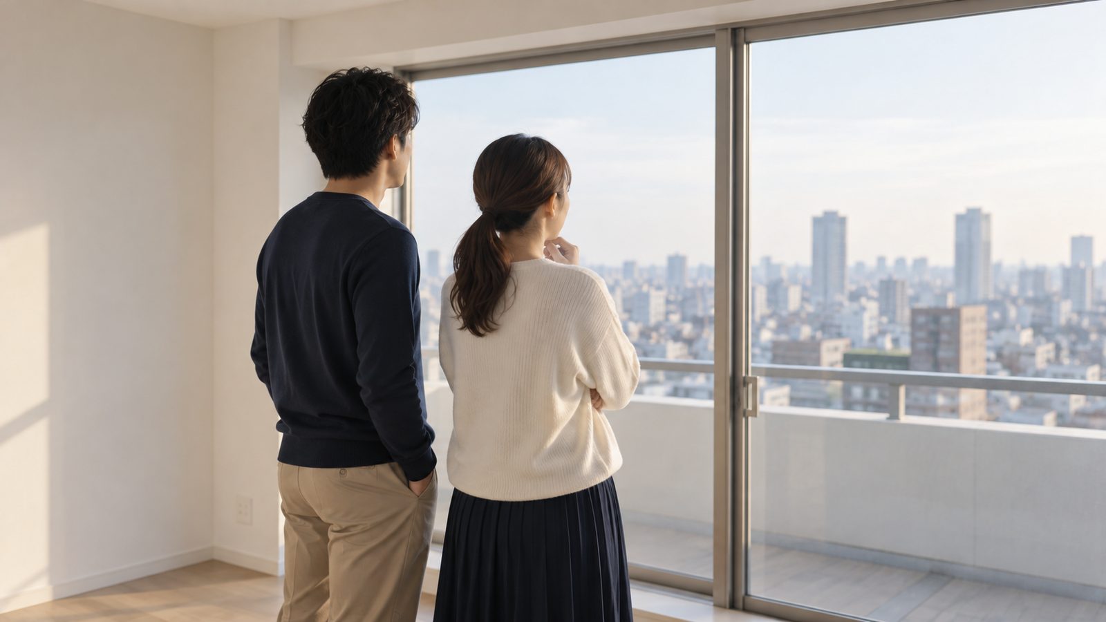 窓辺に並んで立つ夫婦