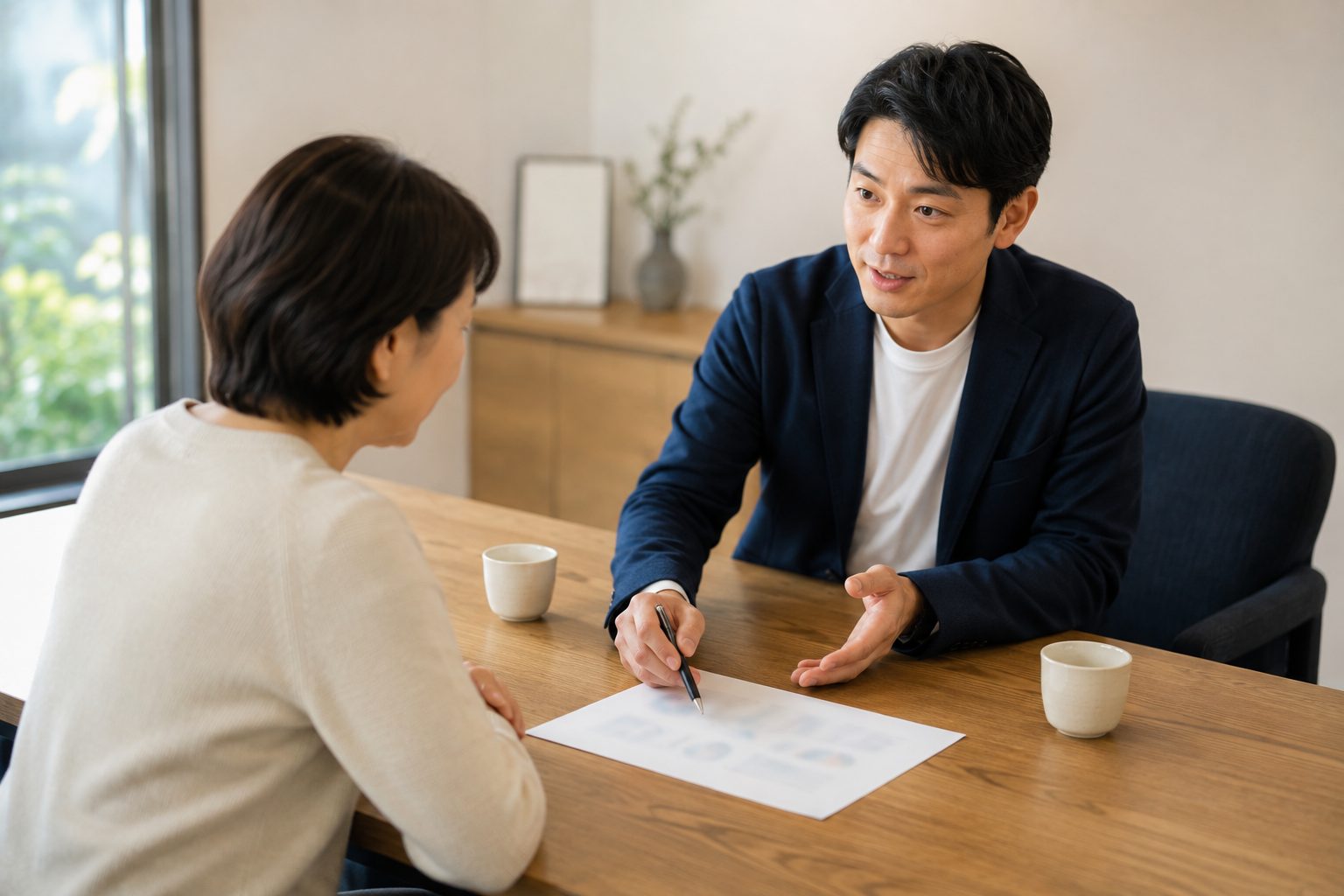 商談テーブルで資料の一点にペン先を置き、相手に説明しているスタッフの写真