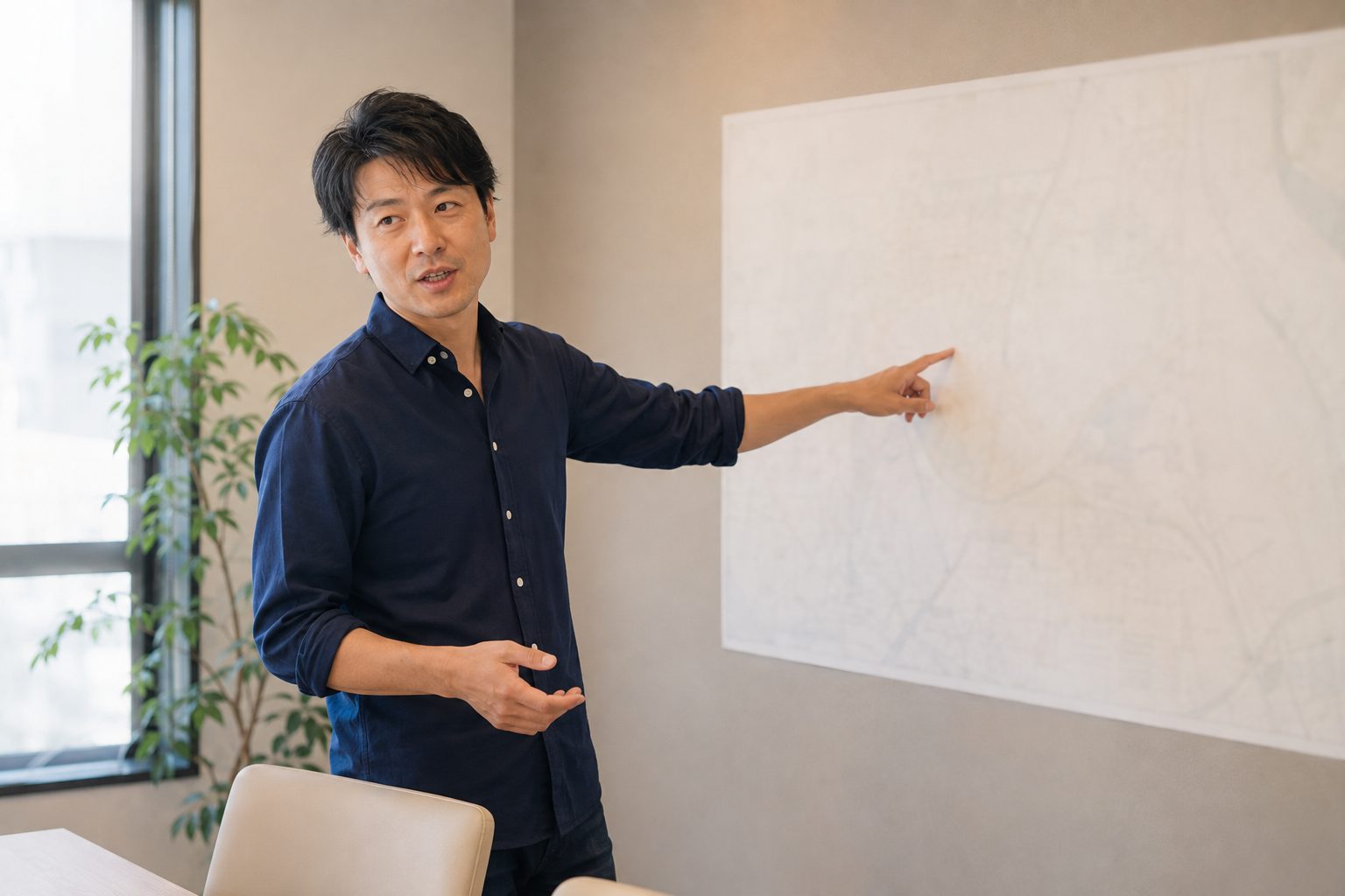 壁に貼られた大きな図面の前に立ち、一点に触れながら話している男性の写真