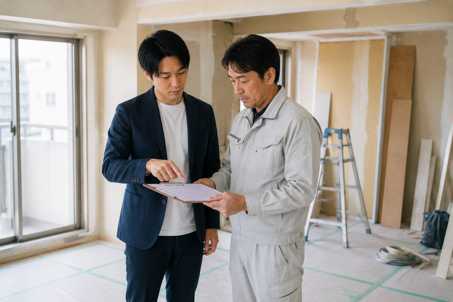工事中の室内で、施主と担当者が手元の書類を見ながら進み具合を確認する様子