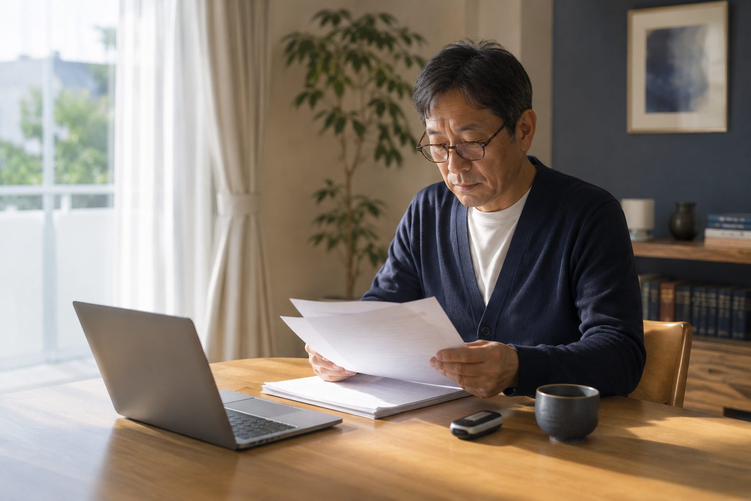 自宅のテーブルで書類を手に取り、内容を確かめている様子