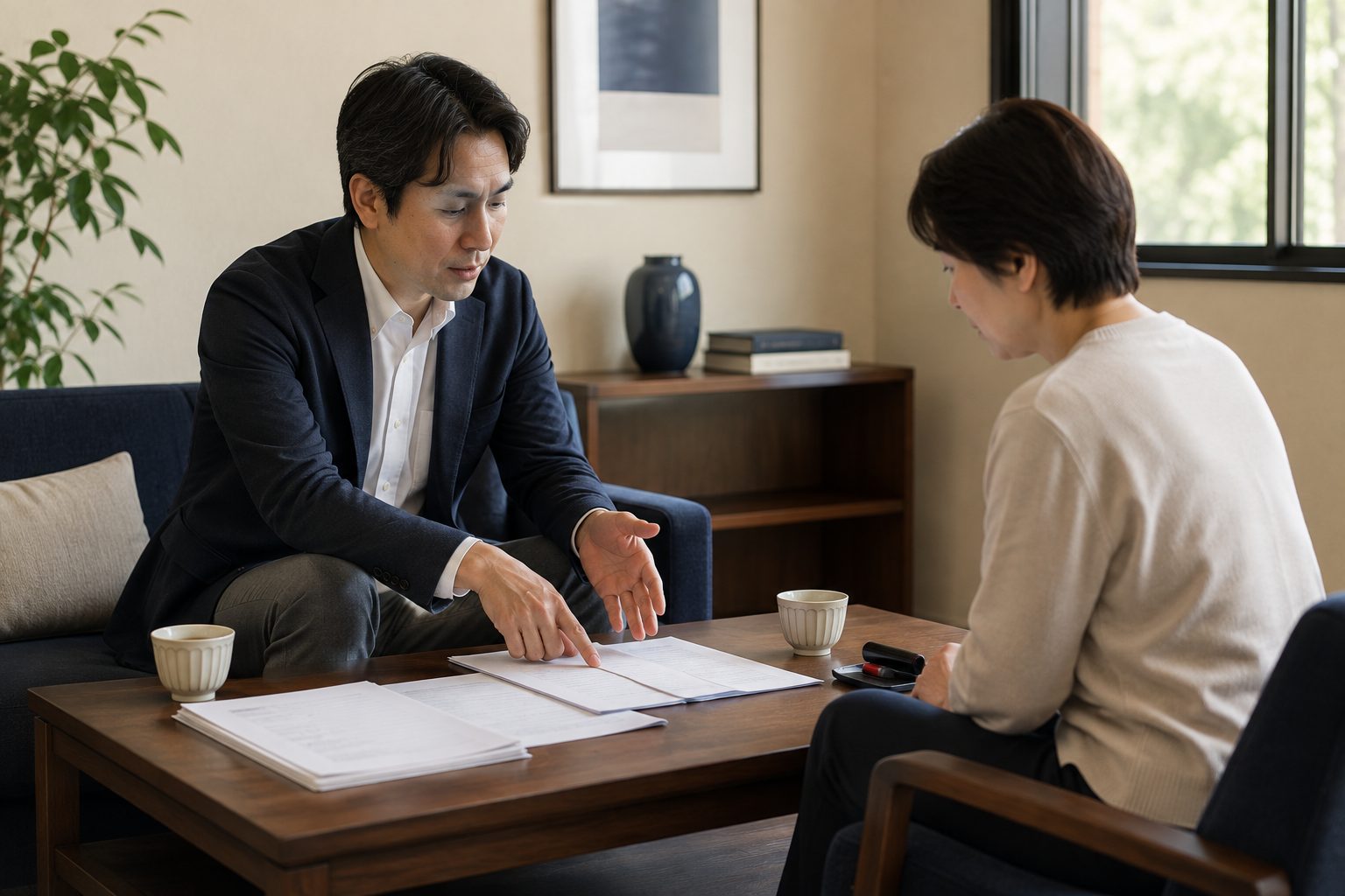テーブルに広げた書類を示しながら説明を受けている相談の場面