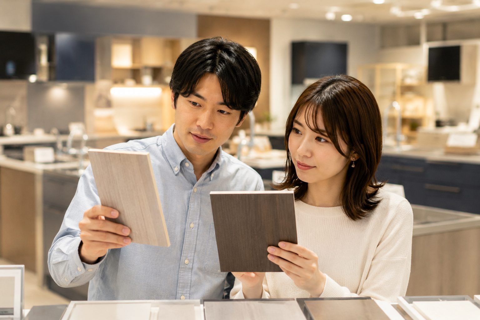 ショールームでキッチンの扉材のサンプルを手に取って見比べている様子