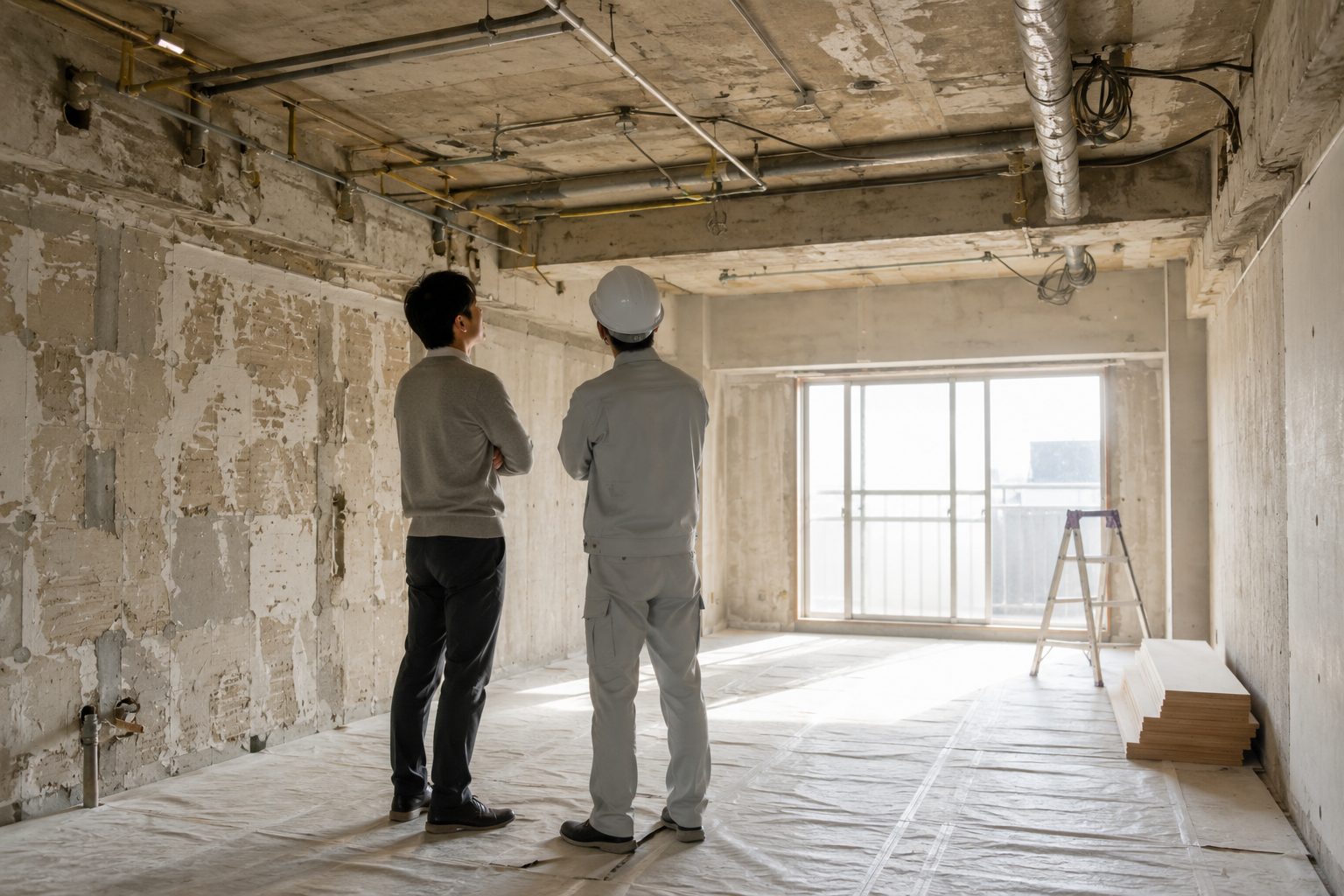内装を解体して下地と配管がむき出しになった室内を、施主と担当者が見上げている様子