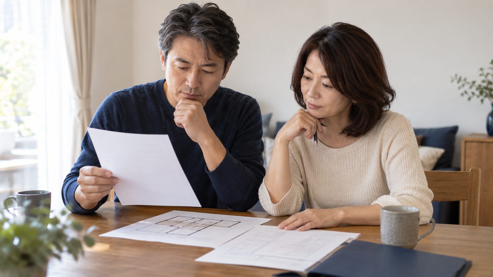 ダイニングテーブルで間取り図と資料を見比べている夫婦