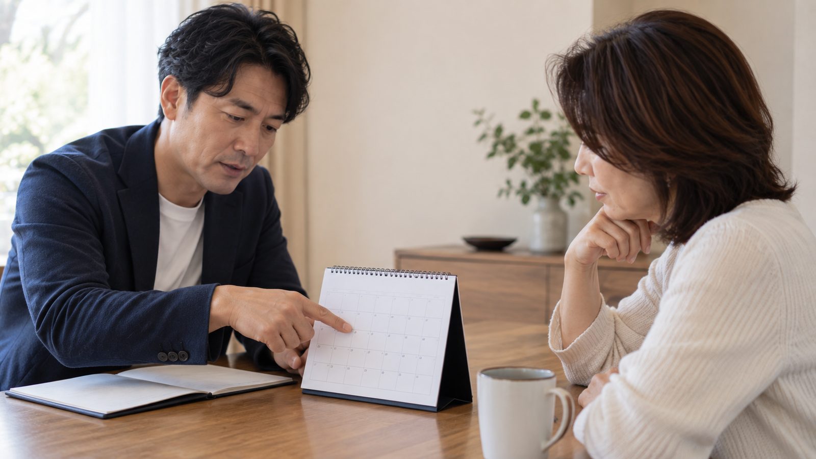 卓上カレンダーを指しながら打ち合わせをしている場面