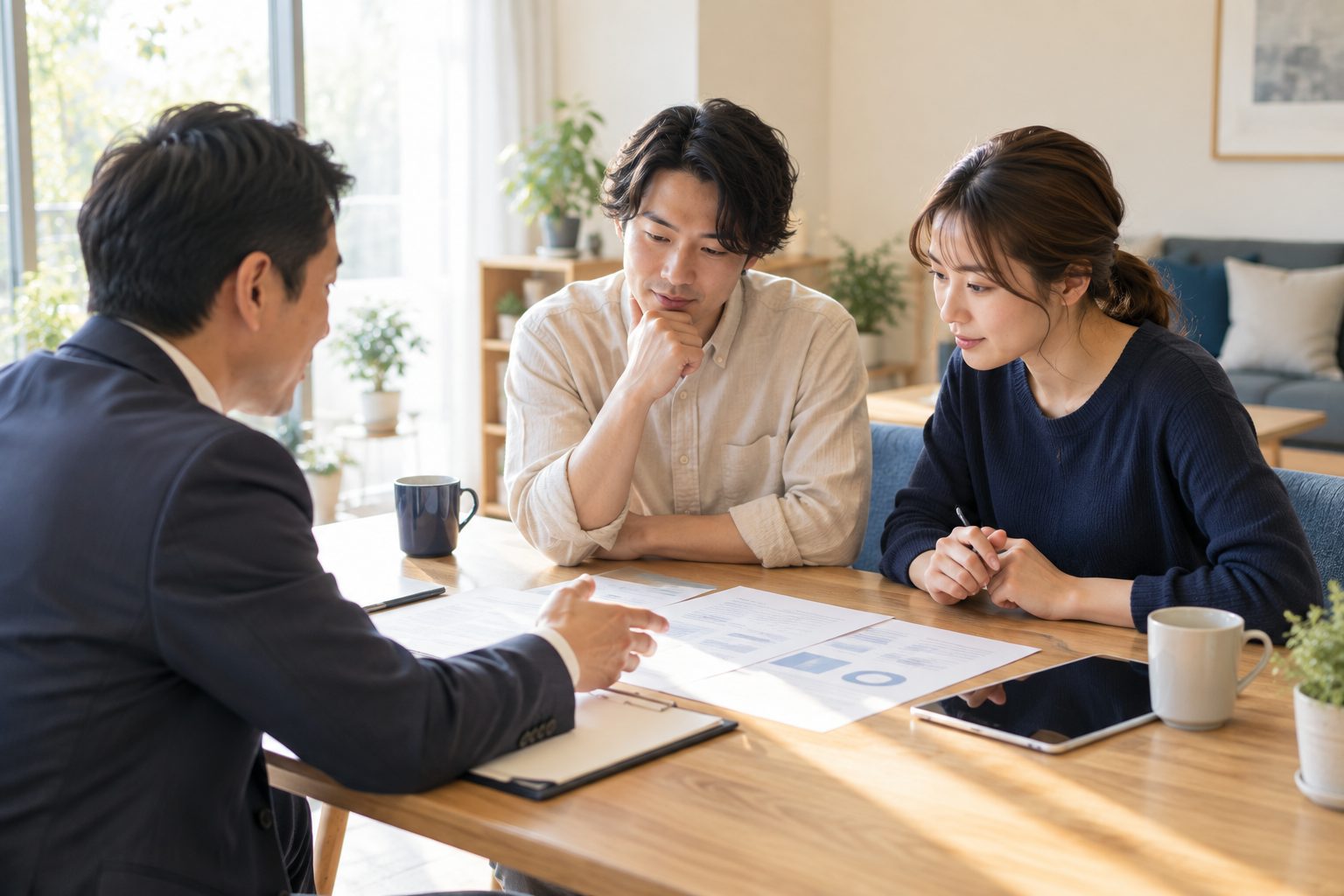 テーブルに資料を広げて、担当者を交えて内容をひとつずつ確認している様子