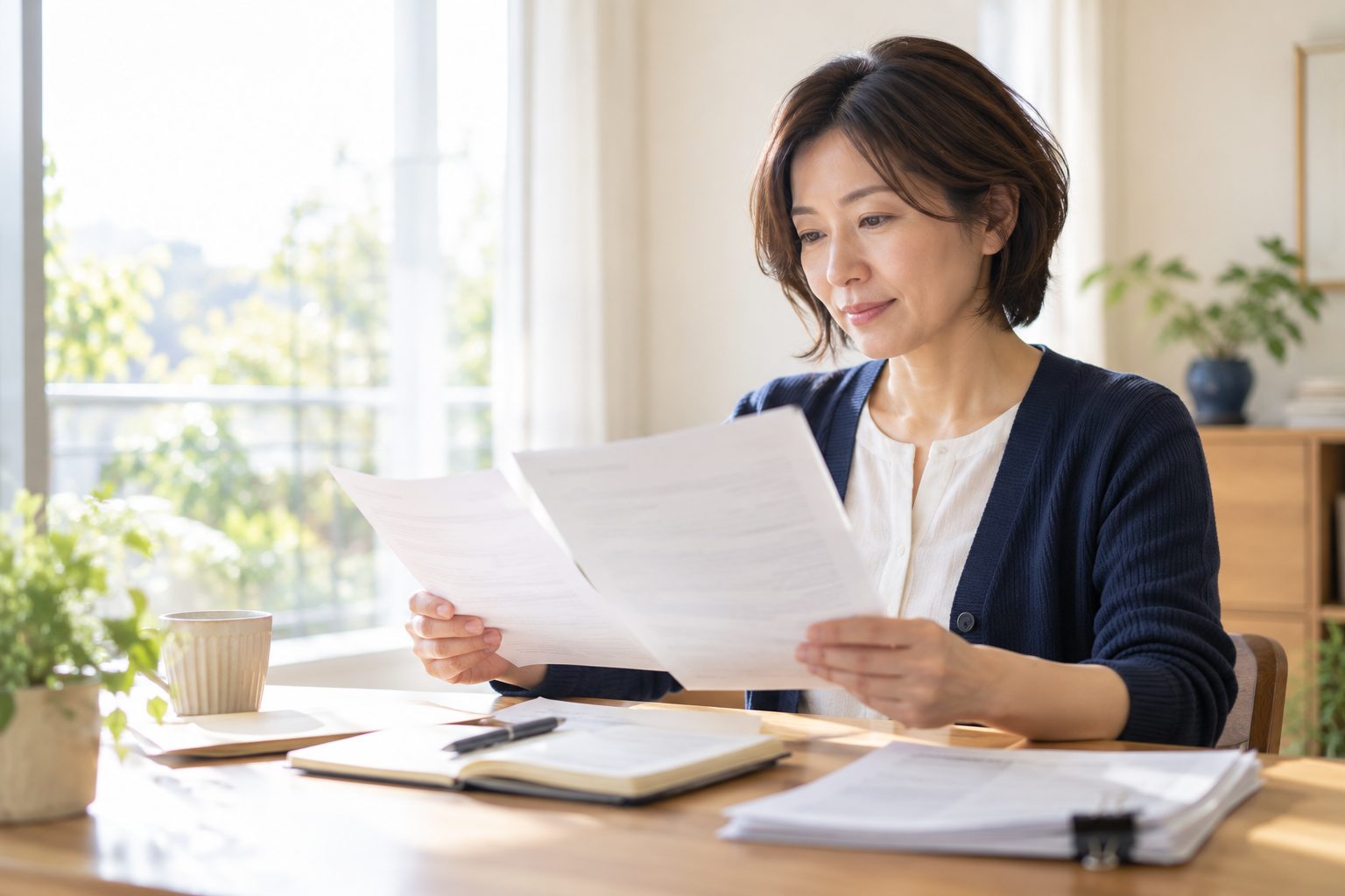 窓辺で、届いた書類の内容をひとつずつ確かめている様子