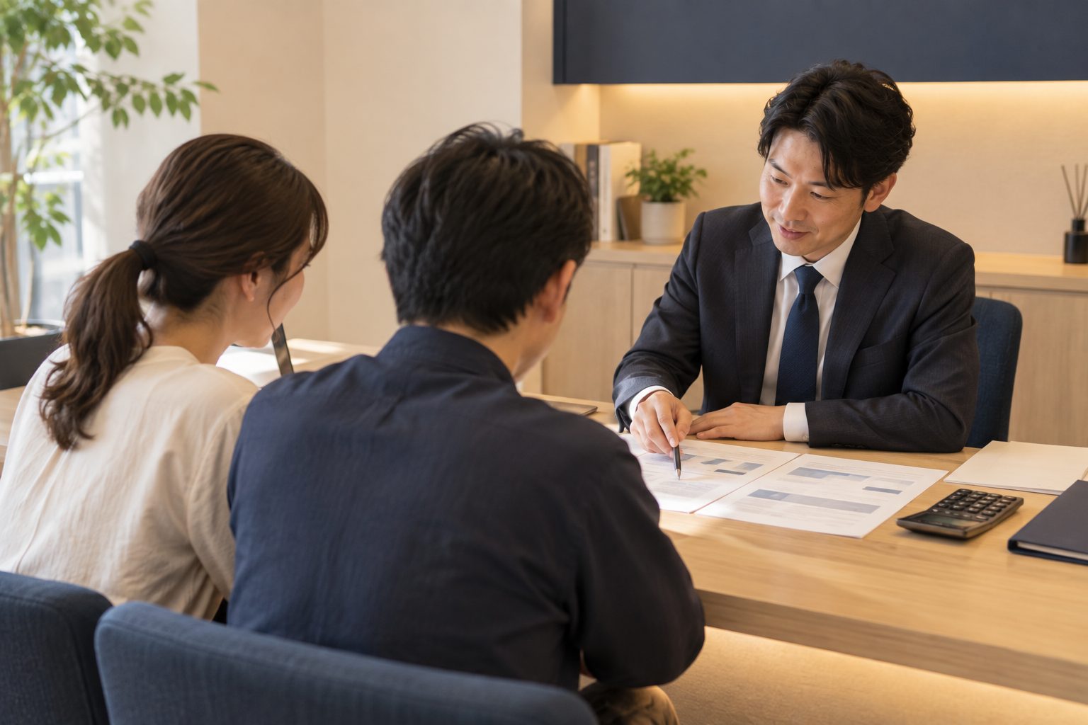 相談カウンターで、担当者に資料を示されながら説明を受けている様子