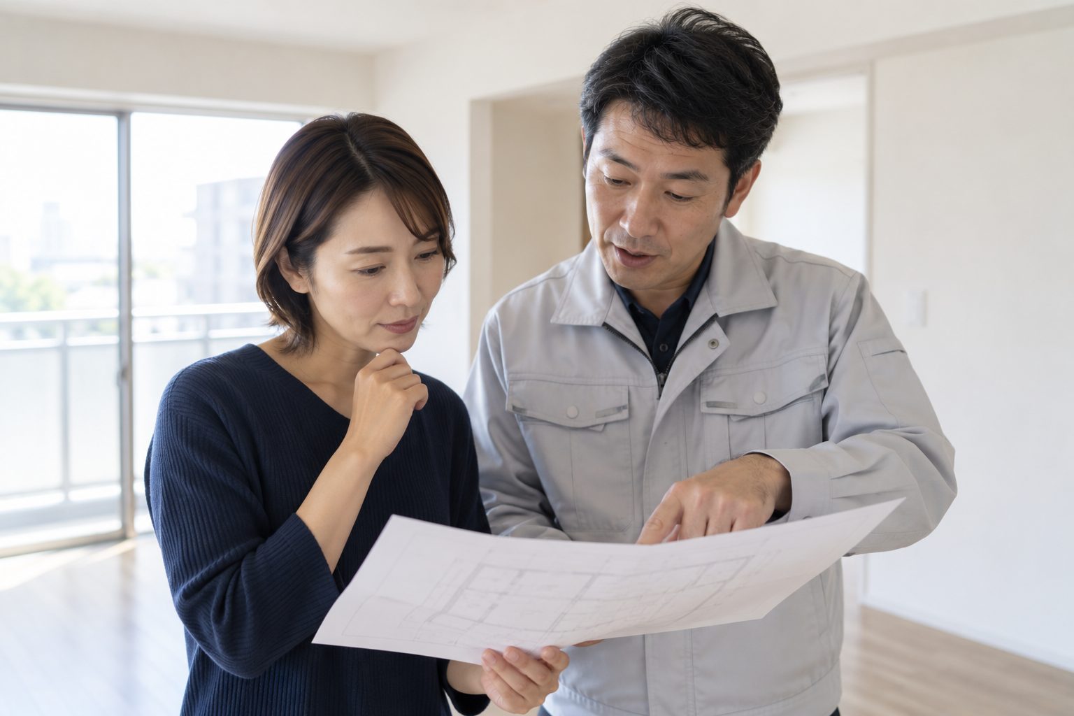 空き室で図面を広げ、担当者と工事の内容をその場で確認している様子