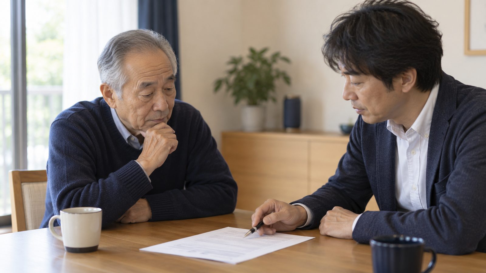 ダイニングテーブルを挟んで向かい合う親世代と子世代