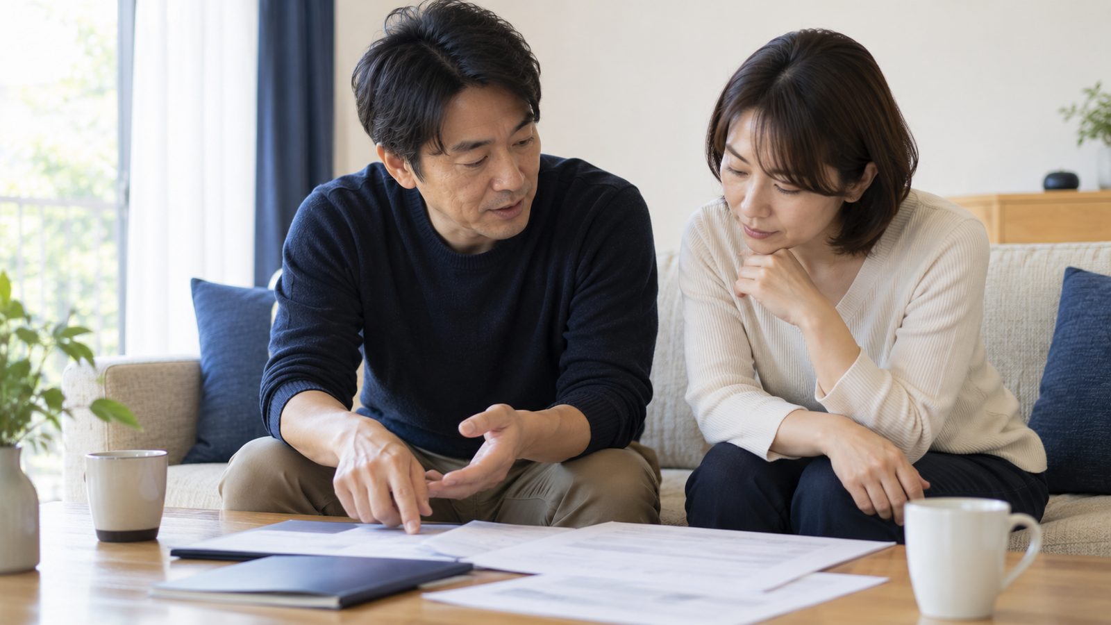 リビングのソファで住み替えの資料を広げて相談している夫婦