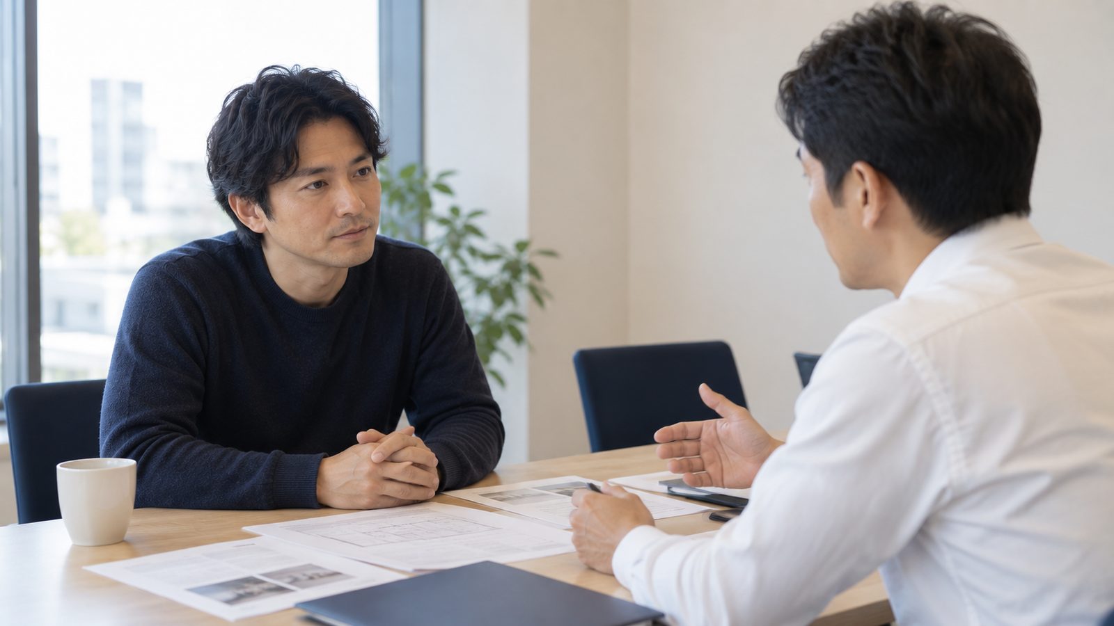打ち合わせテーブルで営業担当者と向かい合って相談している様子