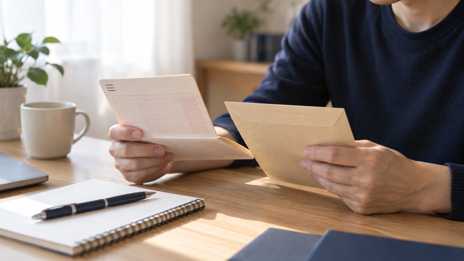 自宅の机で通帳と封筒を前に振込の準備をする手元
